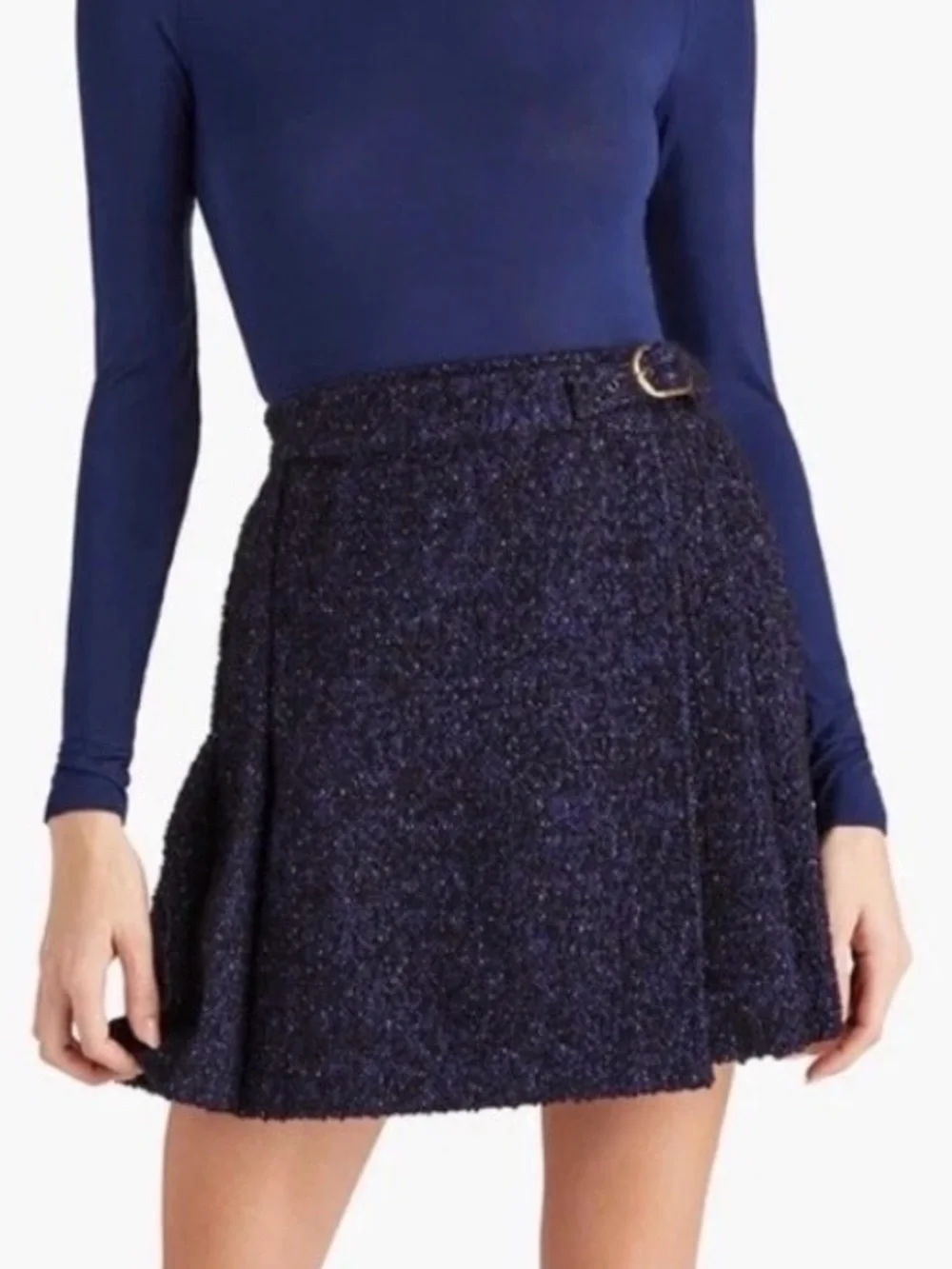 Hill House Blair Skirt Navy Tweed Pleated Mini, Size Small, Elastic Waist
